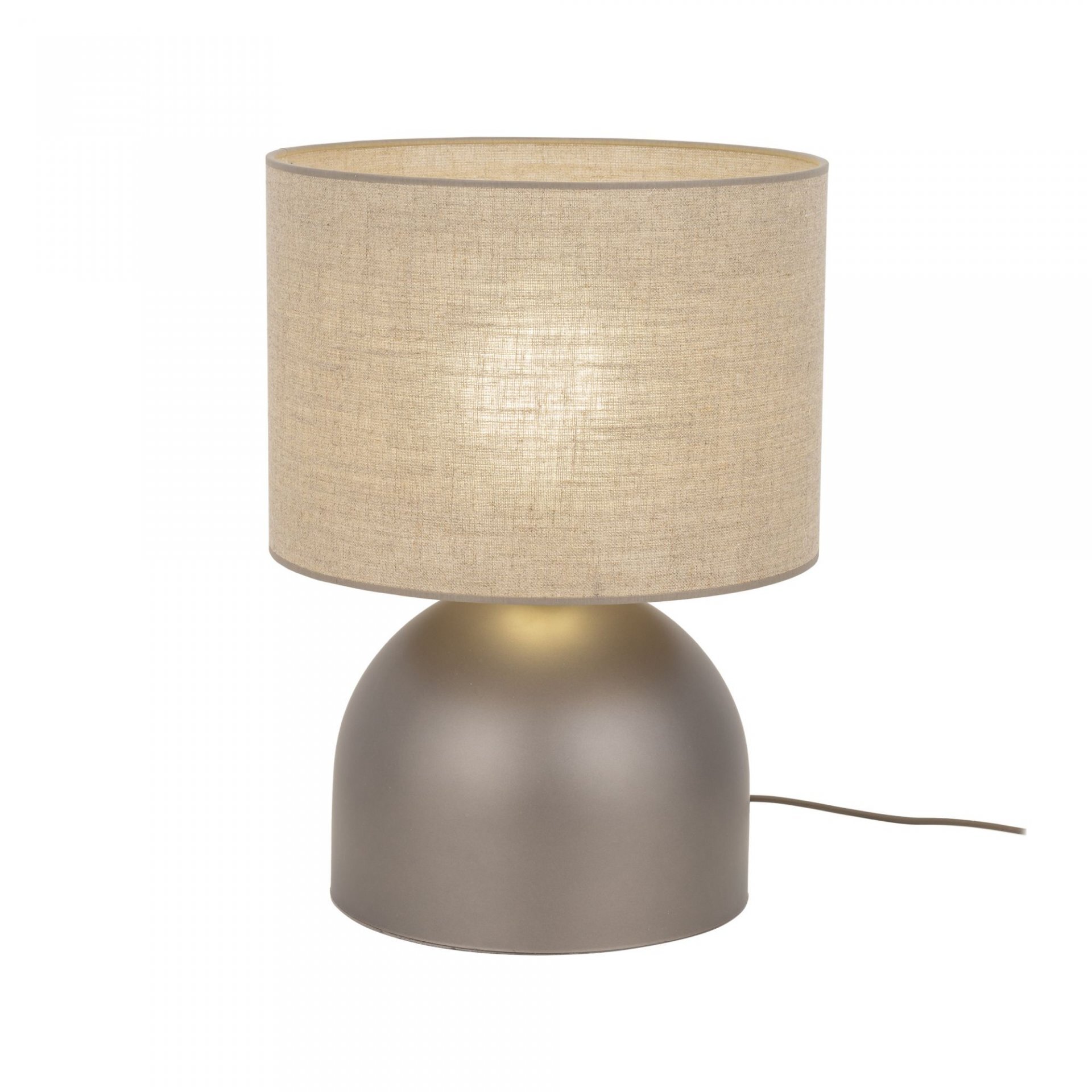 Lampa stołowa z okrągłym, lnianym kloszem w kolorze beżowym i brązową, zaokrągloną podstawą. Lampa posiada przewód zasilający.