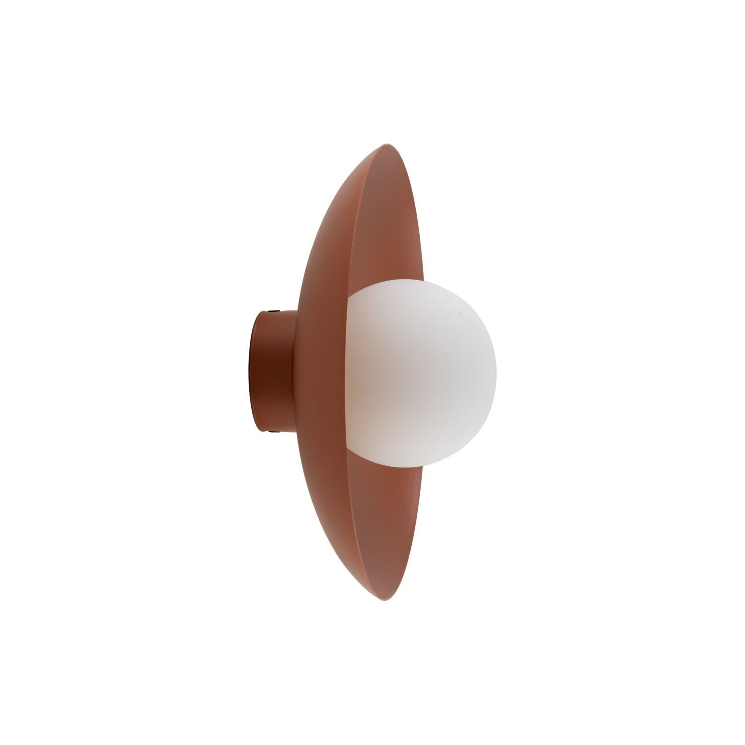 Lampa sufitowo-ścienna z białą kulistą żarówką osadzoną na ceglastym, okrągłym uchwycie. Produkt ma nowoczesny design i jest przeznaczony do montażu na suficie lub ścianie.