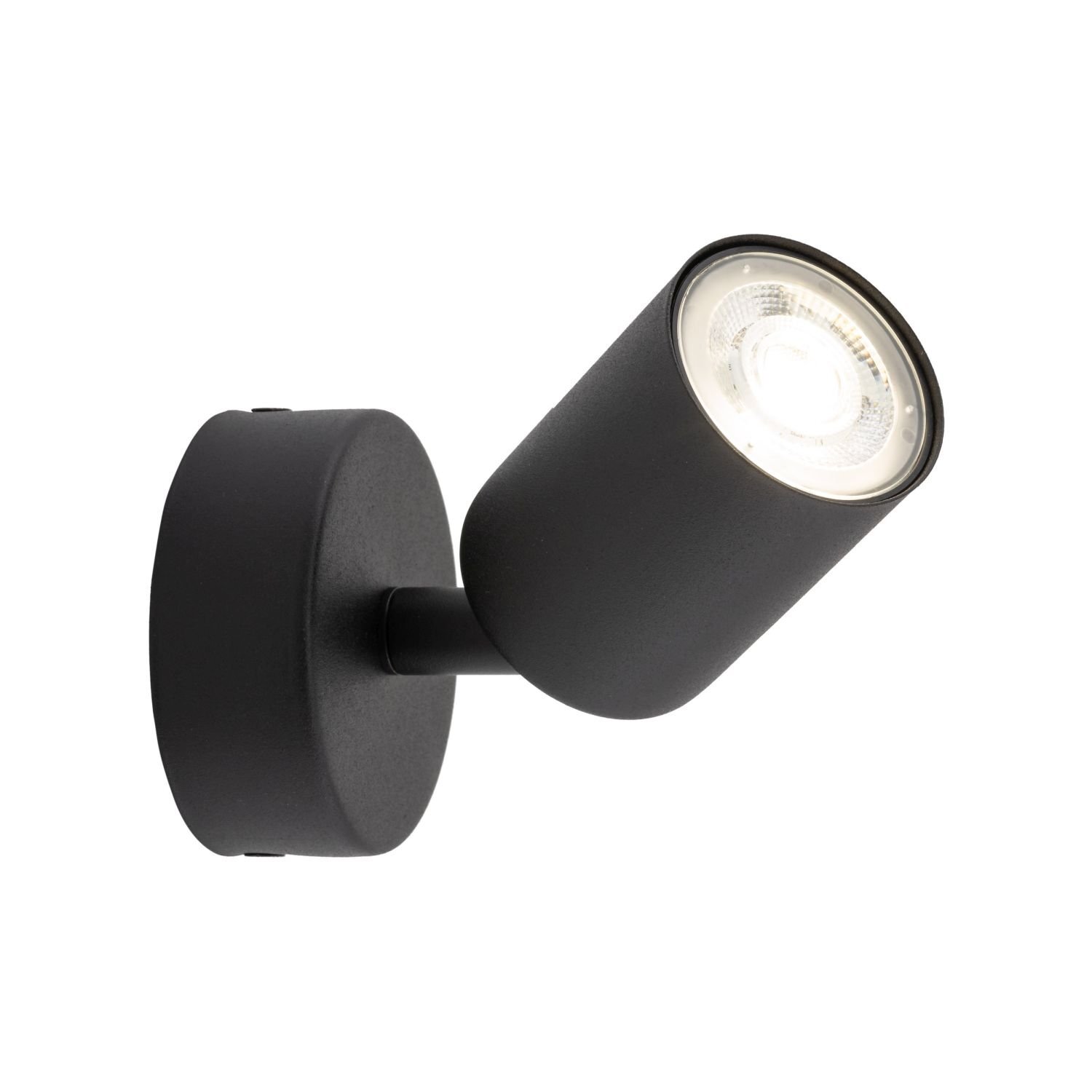 Czarny reflektor sufitowy z ruchomą głowicą, zamontowany na okrągłej podstawie. Lampa posiada nowoczesny design i jest przeznaczona do żarówek GU10.
