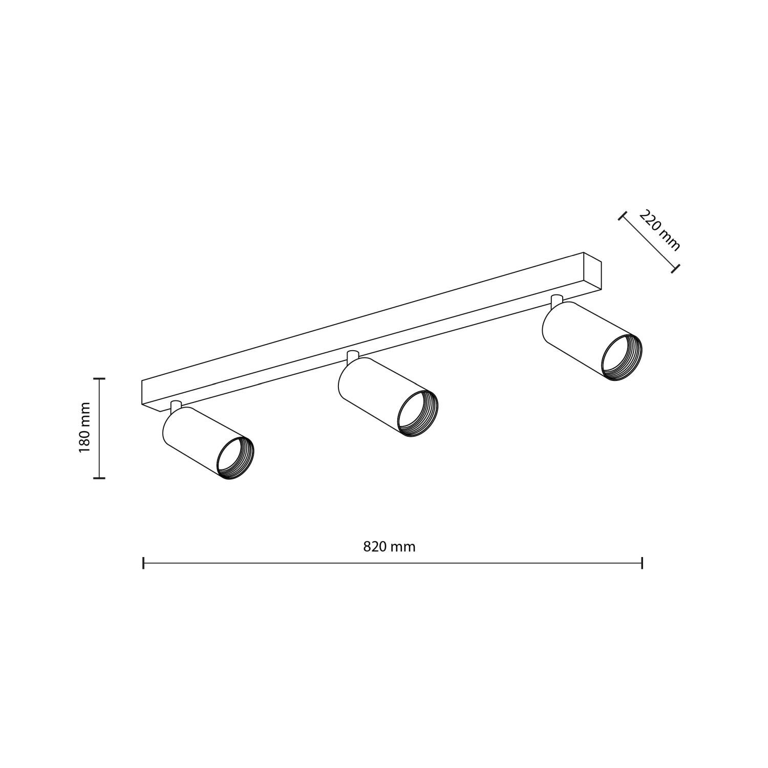 Schematyczny rysunek lampy sufitowej z trzema regulowanymi reflektorami. Wymiary: 820 mm długości, 220 mm szerokości, 180 mm wysokości.