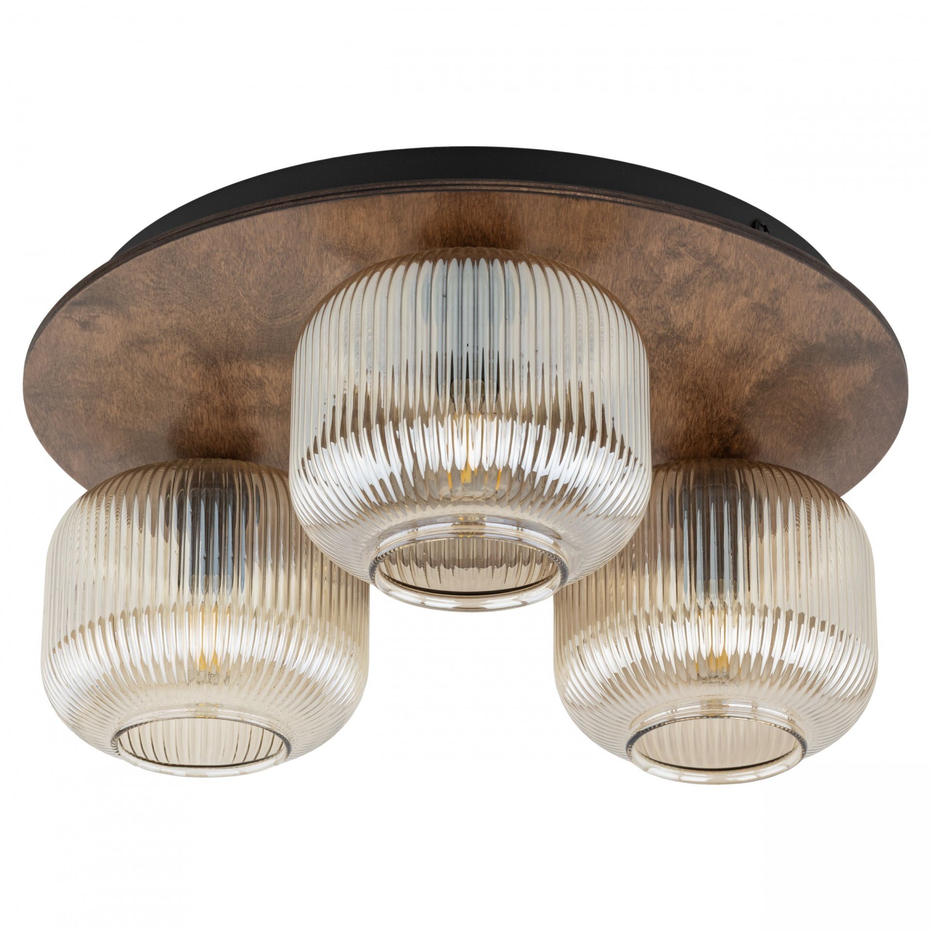 Lampa sufitowa z trzema szklanymi kloszami o żebrowanej strukturze, zamontowana na okrągłej, brązowej podstawie. Klosze mają przezroczysty wygląd, a całość wykonana jest z metalu, szkła i drewna.