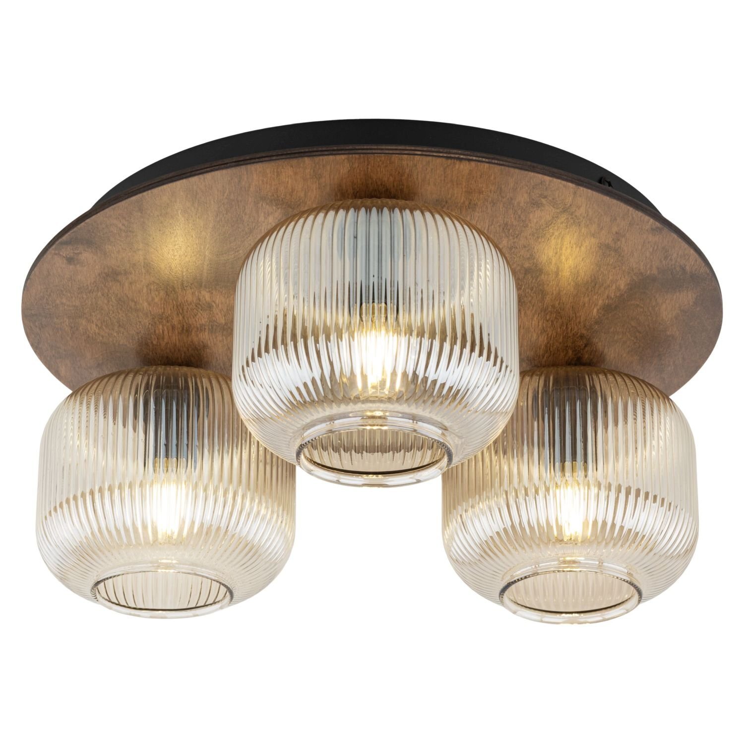 Lampa sufitowa z trzema żarówkami umieszczonymi w szklanych kloszach o żebrowanej fakturze, zamontowana na okrągłej, brązowej podstawie. Klosze są przezroczyste, a światło jest ciepłe i rozproszone.