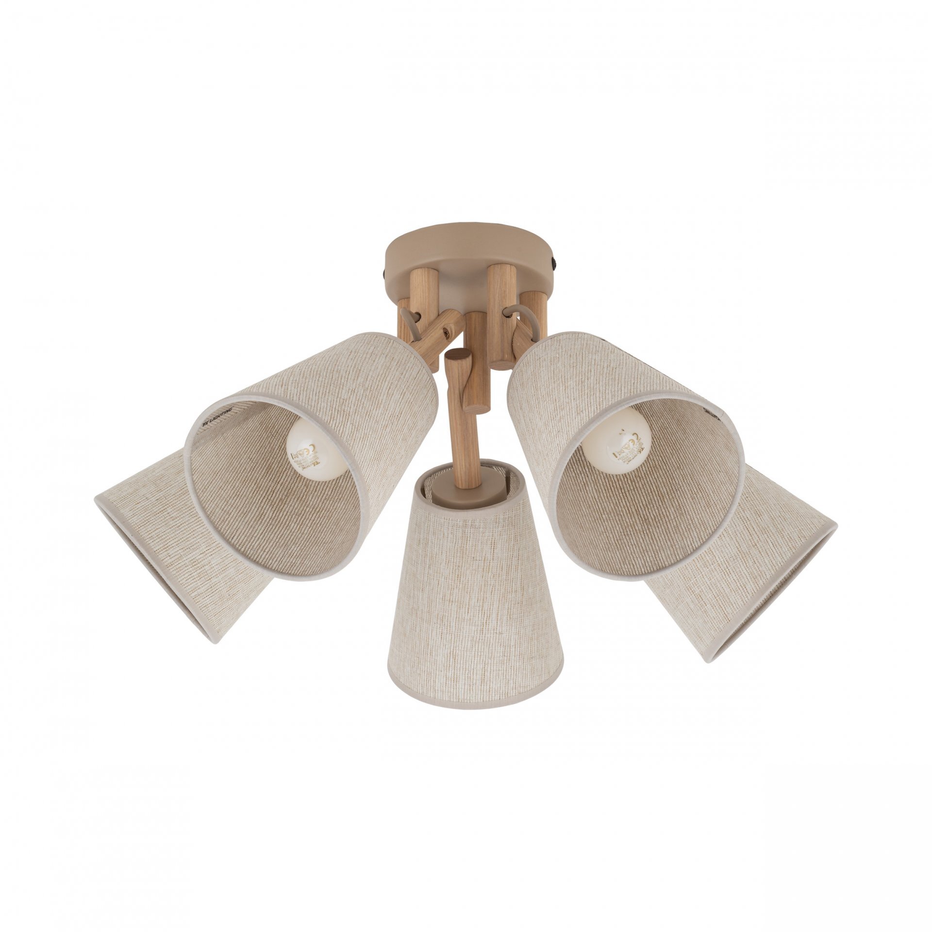 Lampa sufitowa z pięcioma kloszami w kolorze beżowym, wykonana z materiału przypominającego len, zamontowana na drewnianej podstawie. Klosze są skierowane w różnych kierunkach.