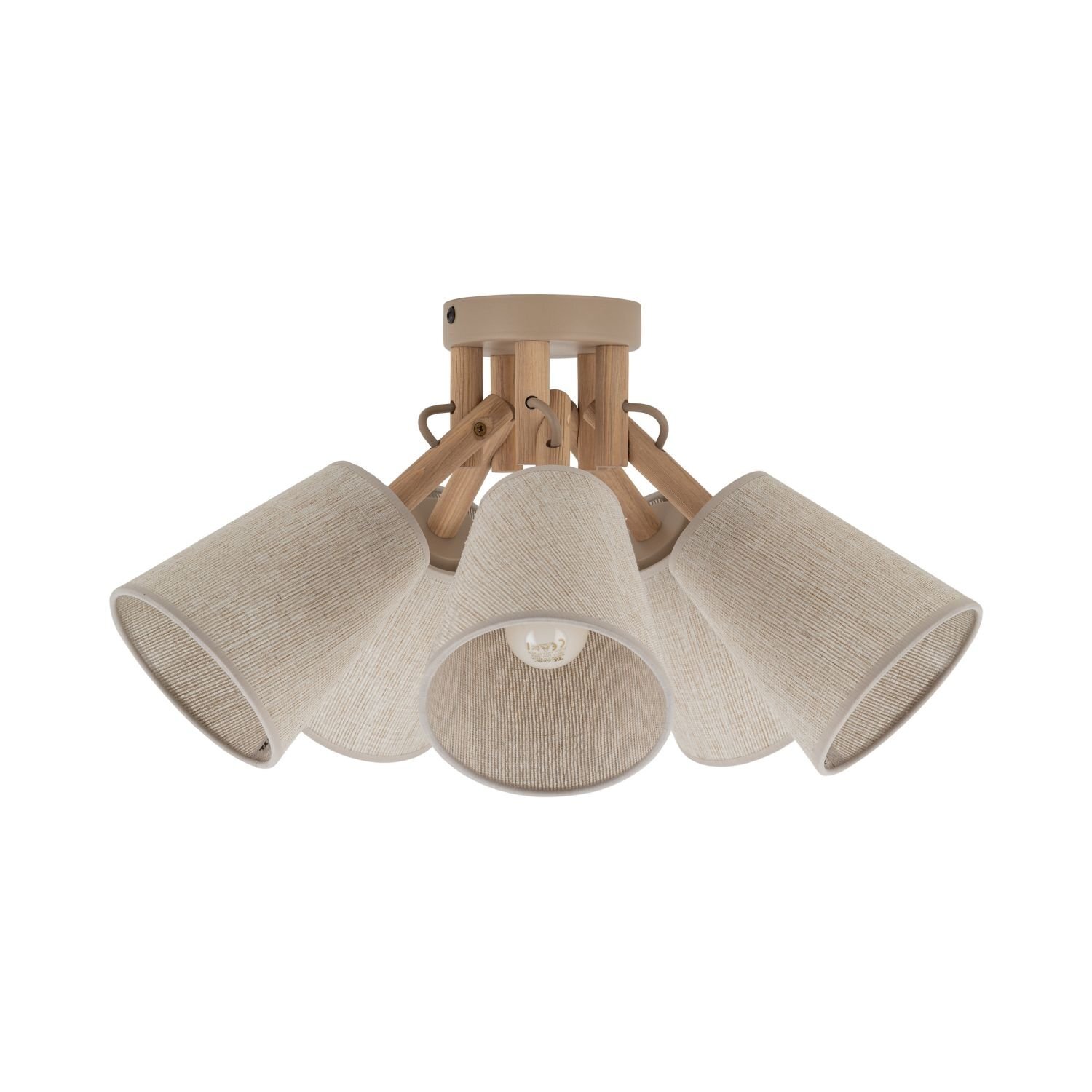 Lampa sufitowa z pięcioma kloszami w kolorze beżowym, wykonana z materiału przypominającego len, z elementami drewnianymi. Klosze są skierowane w różnych kierunkach, a całość ma nowoczesny, skandynawski styl.