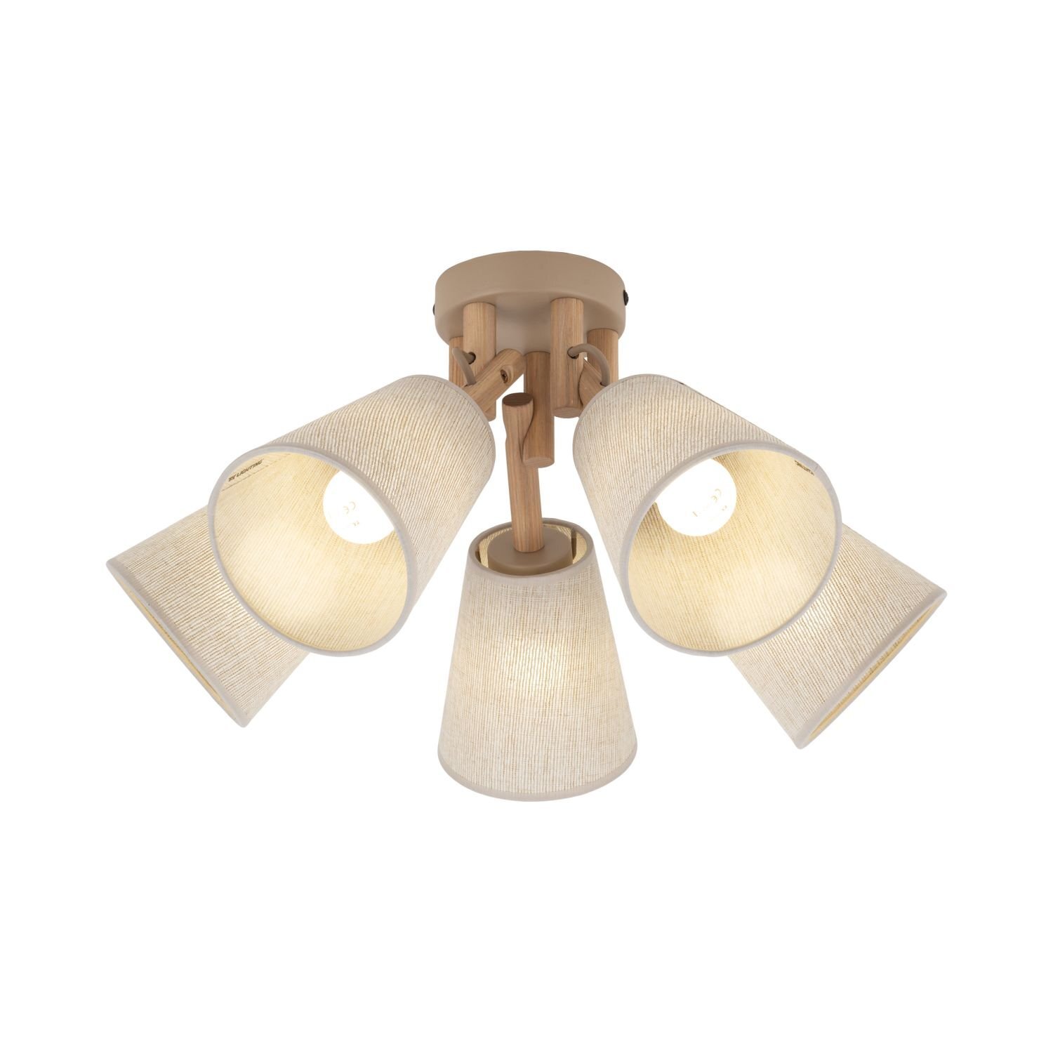 Lampa sufitowa z pięcioma kloszami w kolorze beżowym, wykonana z materiału przypominającego len, zamocowana na drewnianej podstawie. Klosze są skierowane w różnych kierunkach, a światło jest widoczne wewnątrz każdego z nich.