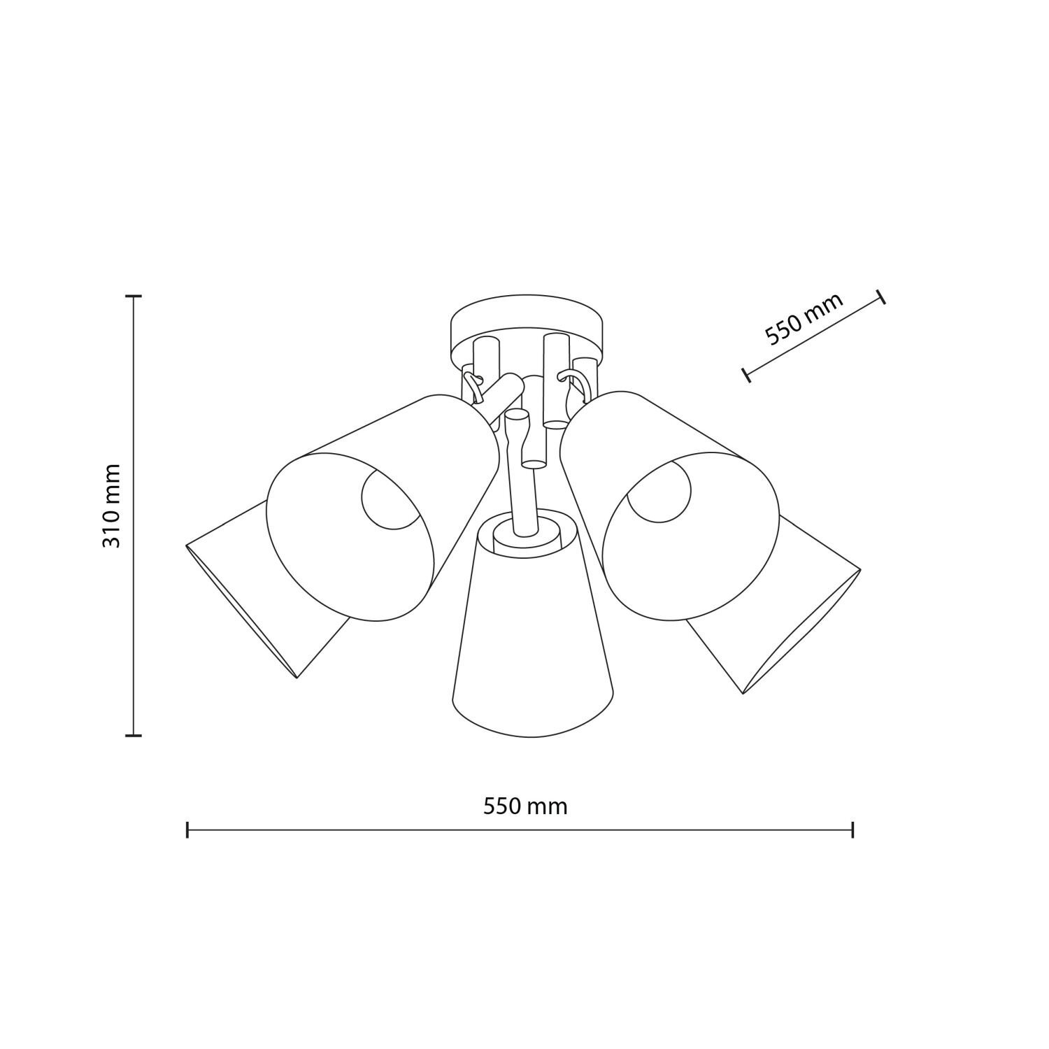 Schematyczny rysunek lampy sufitowej z pięcioma kloszami, z wymiarami 310 mm wysokości i 550 mm szerokości. Klosze są skierowane w różnych kierunkach.