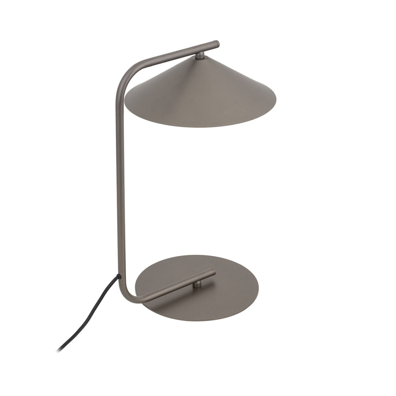 Brązowa lampa biurkowa o nowoczesnym designie z okrągłą podstawą i stożkowym kloszem. Posiada czarny przewód zasilający.
