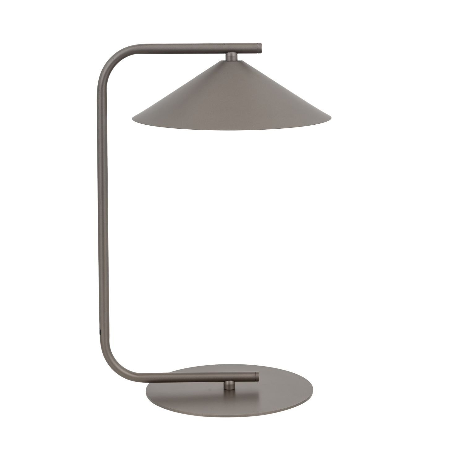 Brązowa lampa biurkowa o nowoczesnym designie z okrągłą podstawą i stożkowym kloszem. Konstrukcja wykonana z metalu, z prostym ramieniem podtrzymującym klosz.