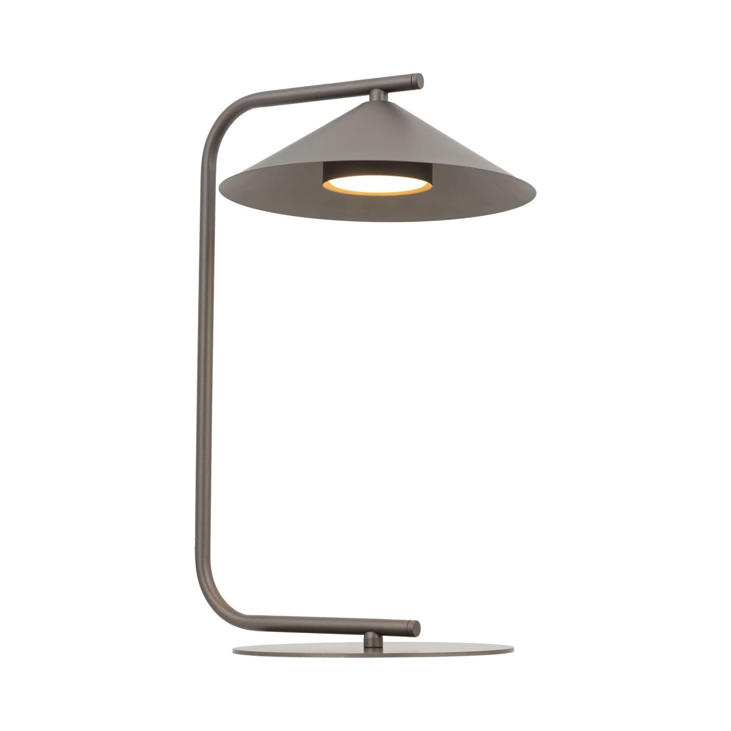Brązowa lampa biurkowa o nowoczesnym designie z metalowym stelażem i stożkowym kloszem. Lampa stoi na okrągłej podstawie, a źródło światła znajduje się pod kloszem.
