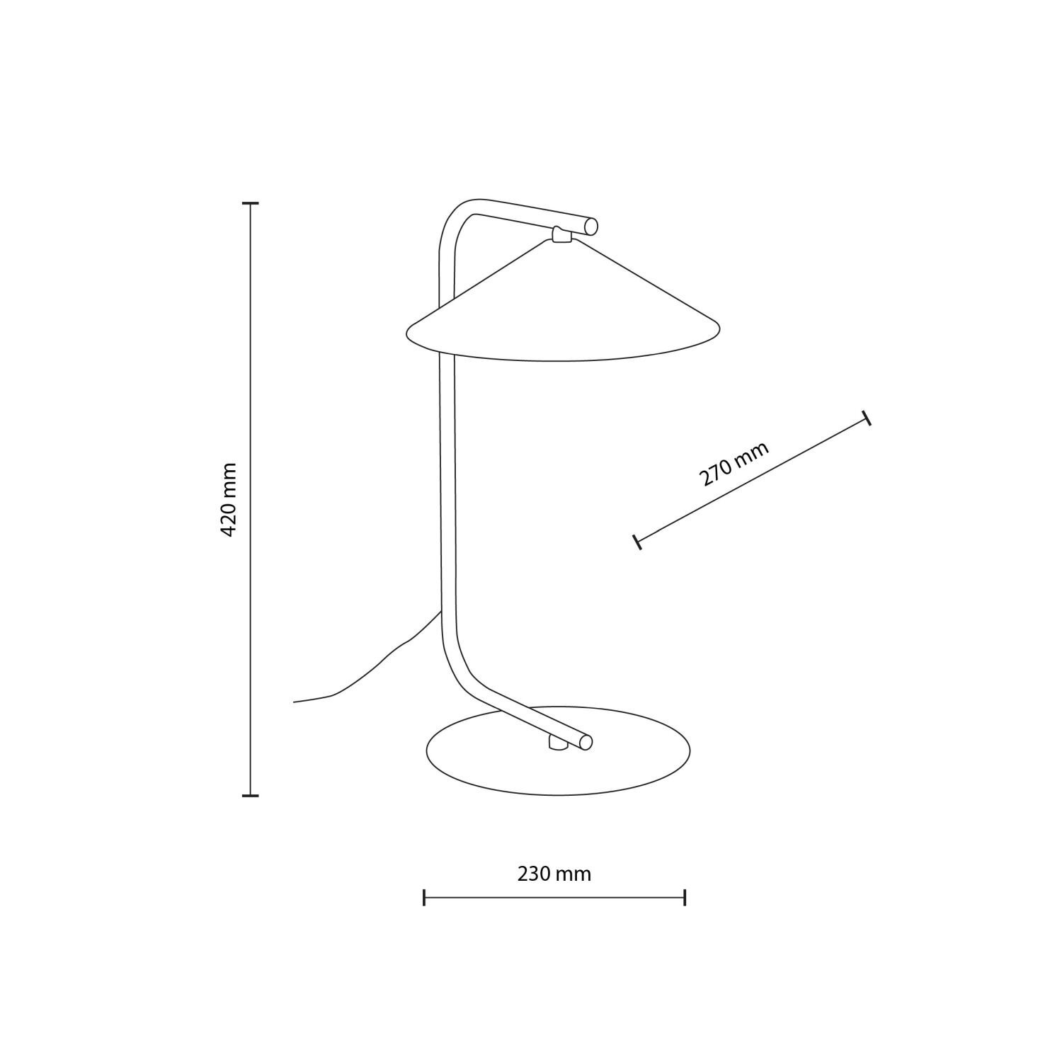 Schematyczny rysunek lampy biurkowej z wymiarami: wysokość 420 mm, średnica podstawy 230 mm, średnica klosza 270 mm. Lampa ma prosty, nowoczesny design z okrągłą podstawą i kloszem w kształcie stożka.