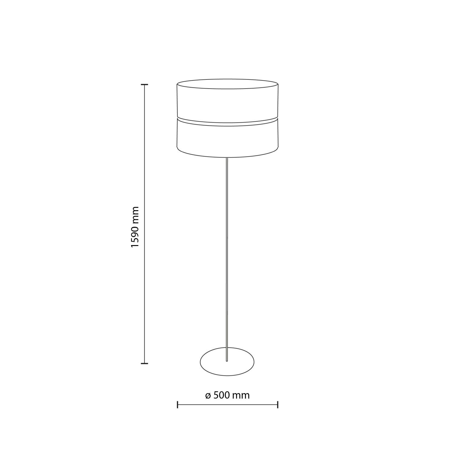 Schematyczny rysunek lampy podłogowej z kloszem, o wysokości 1590 mm i średnicy podstawy 500 mm.