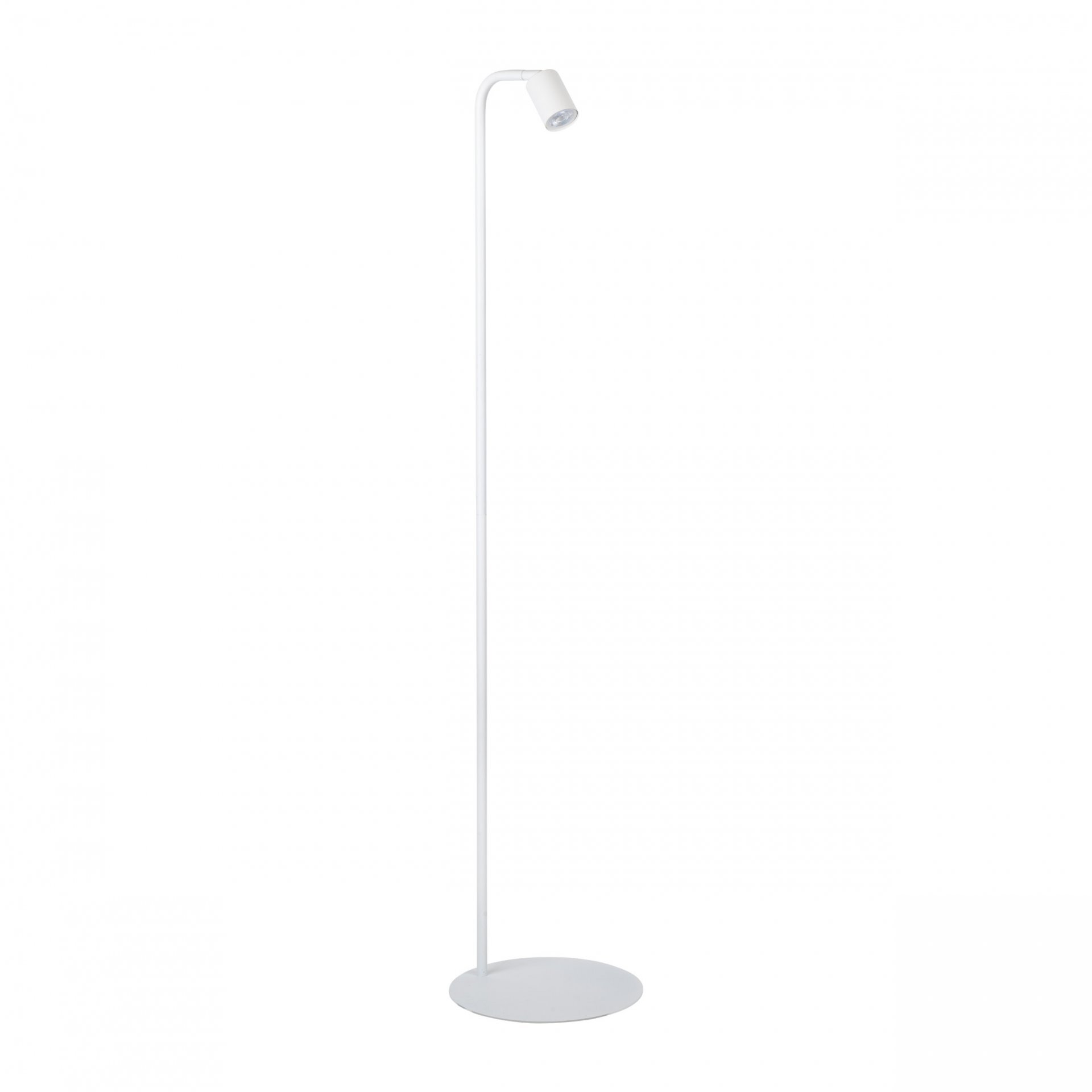 Biała, minimalistyczna lampa podłogowa o wysokości 140 cm z okrągłą podstawą i prostym, smukłym trzonem zakończonym regulowanym kloszem. Wykonana ze stali lakierowanej, przeznaczona na żarówki LED do 10W.