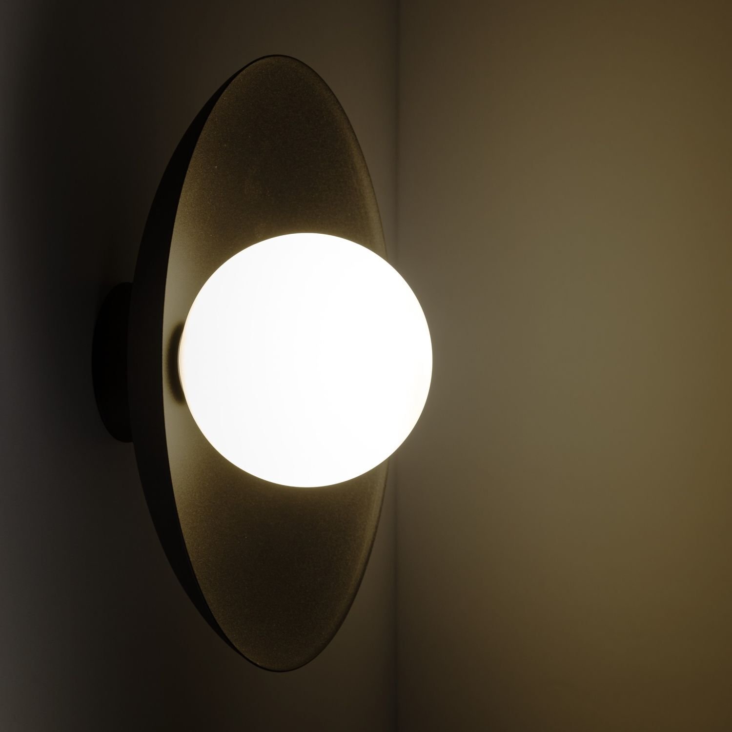 Na obrazie widoczna jest lampa sufitowo-ścienna z okrągłym, białym kloszem emitującym światło. Lampa ma czarną, owalną podstawę przymocowaną do ściany.