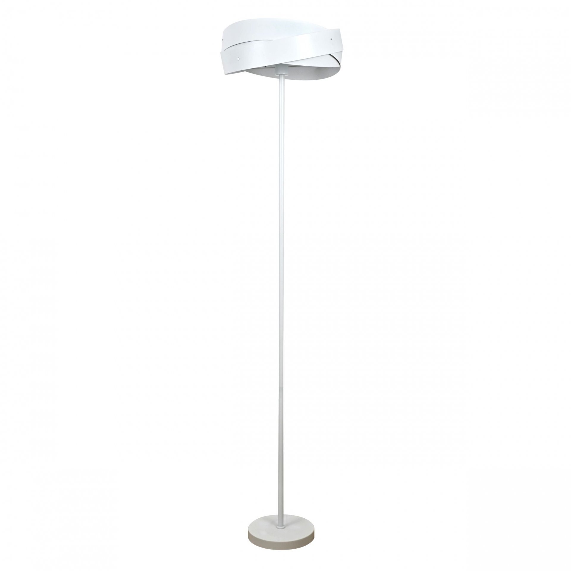 Biała lampa podłogowa o nowoczesnym designie z prostym, smukłym trzonkiem i okrągłym kloszem. Podstawa lampy jest również okrągła i w kolorze białym.