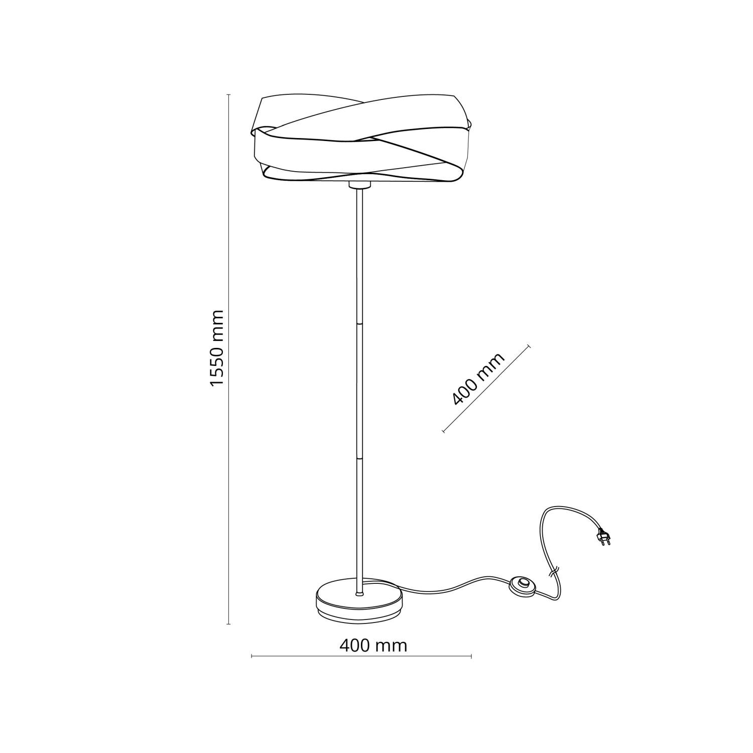 Schematyczny rysunek lampy podłogowej z wymiarami: wysokość 1550 mm i szerokość podstawy 400 mm. Lampa posiada okrągłą podstawę, smukły trzon i klosz o nowoczesnym kształcie, z przewodem zakończonym wtyczką.