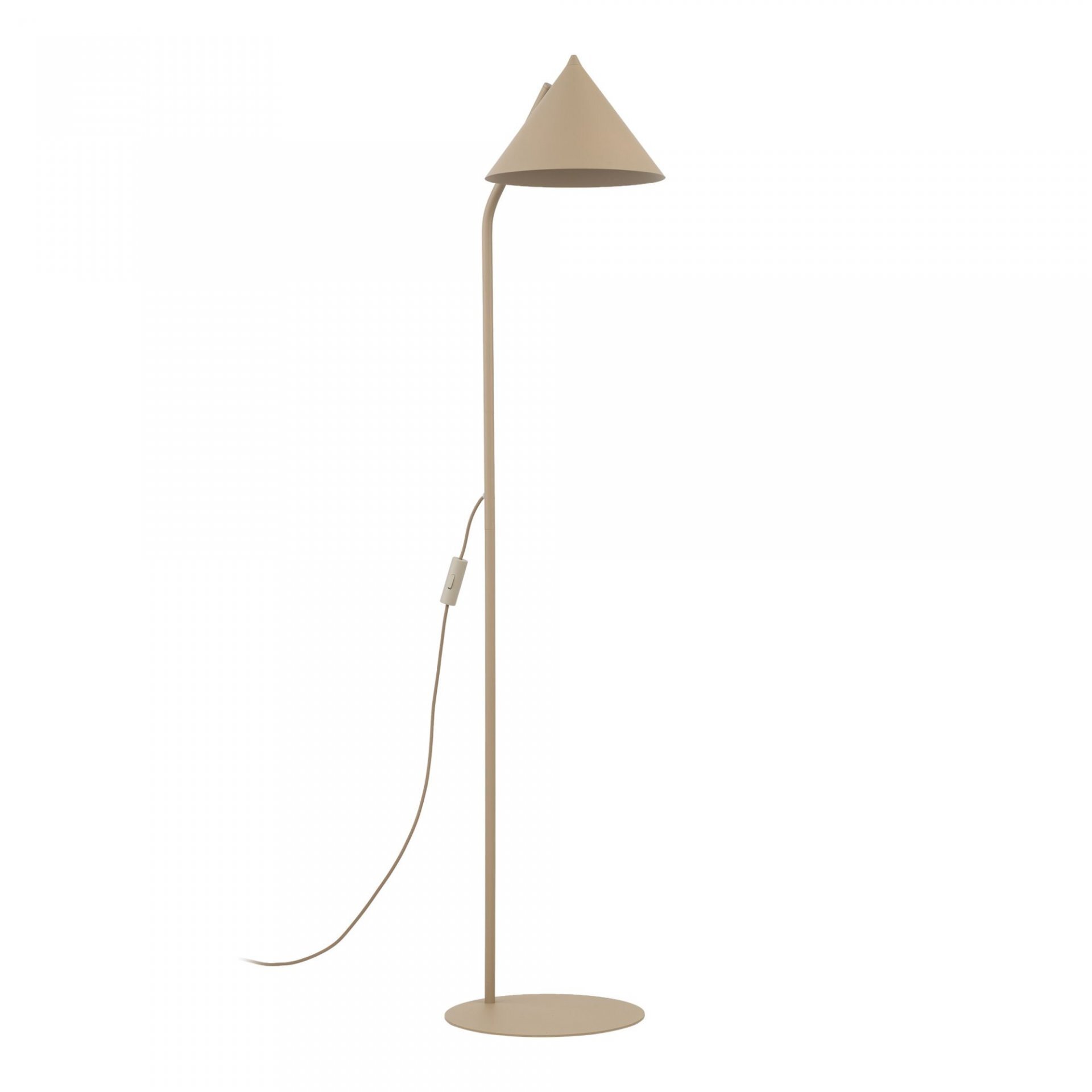 Beżowa lampa podłogowa o prostym, nowoczesnym designie z kloszem w kształcie stożka. Posiada włącznik na przewodzie i okrągłą podstawę.