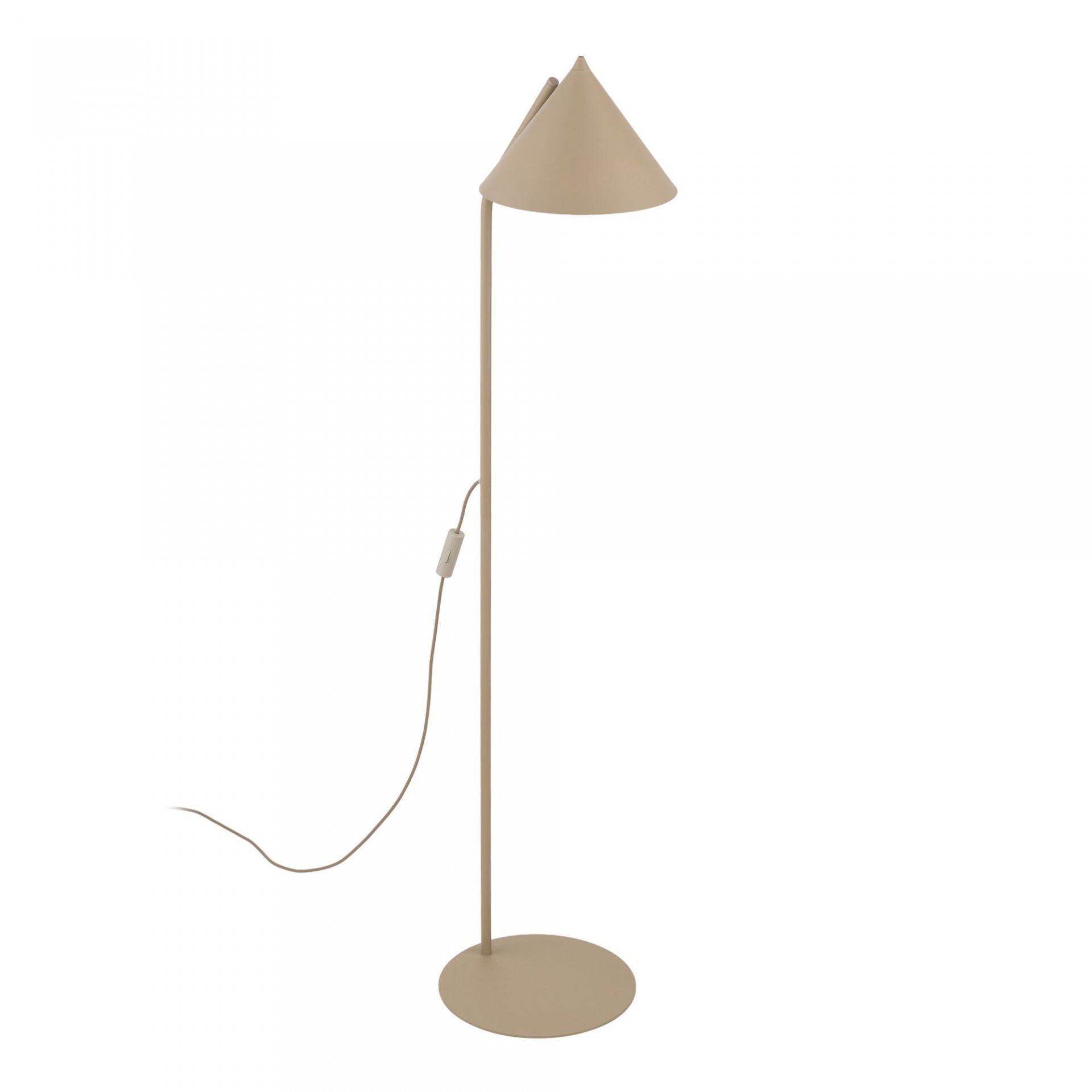 Beżowa lampa podłogowa o prostym, nowoczesnym designie z kloszem w kształcie stożka. Posiada włącznik na przewodzie i okrągłą podstawę.