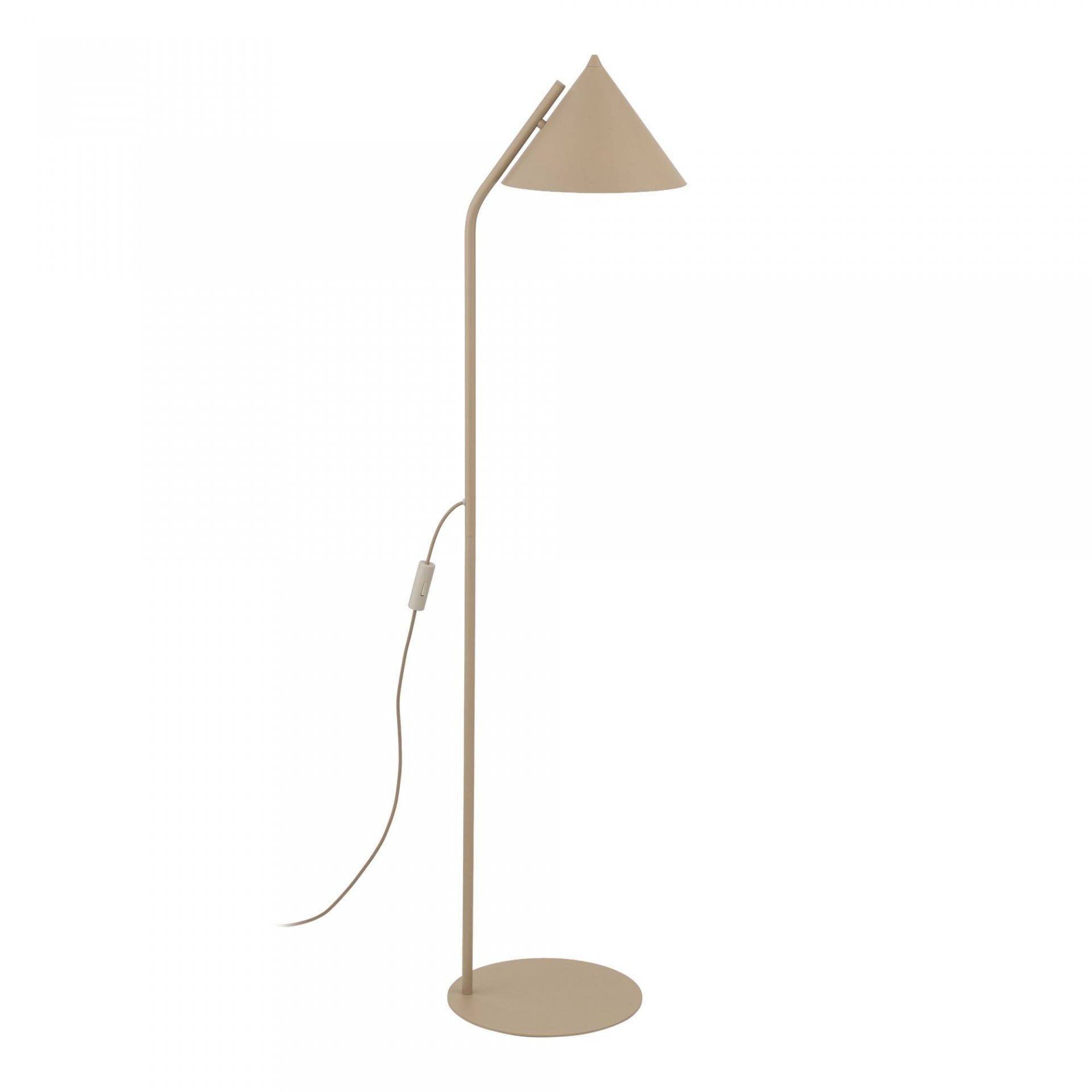 Beżowa lampa podłogowa o prostym, nowoczesnym designie z kloszem w kształcie stożka. Posiada włącznik na przewodzie i okrągłą podstawę.