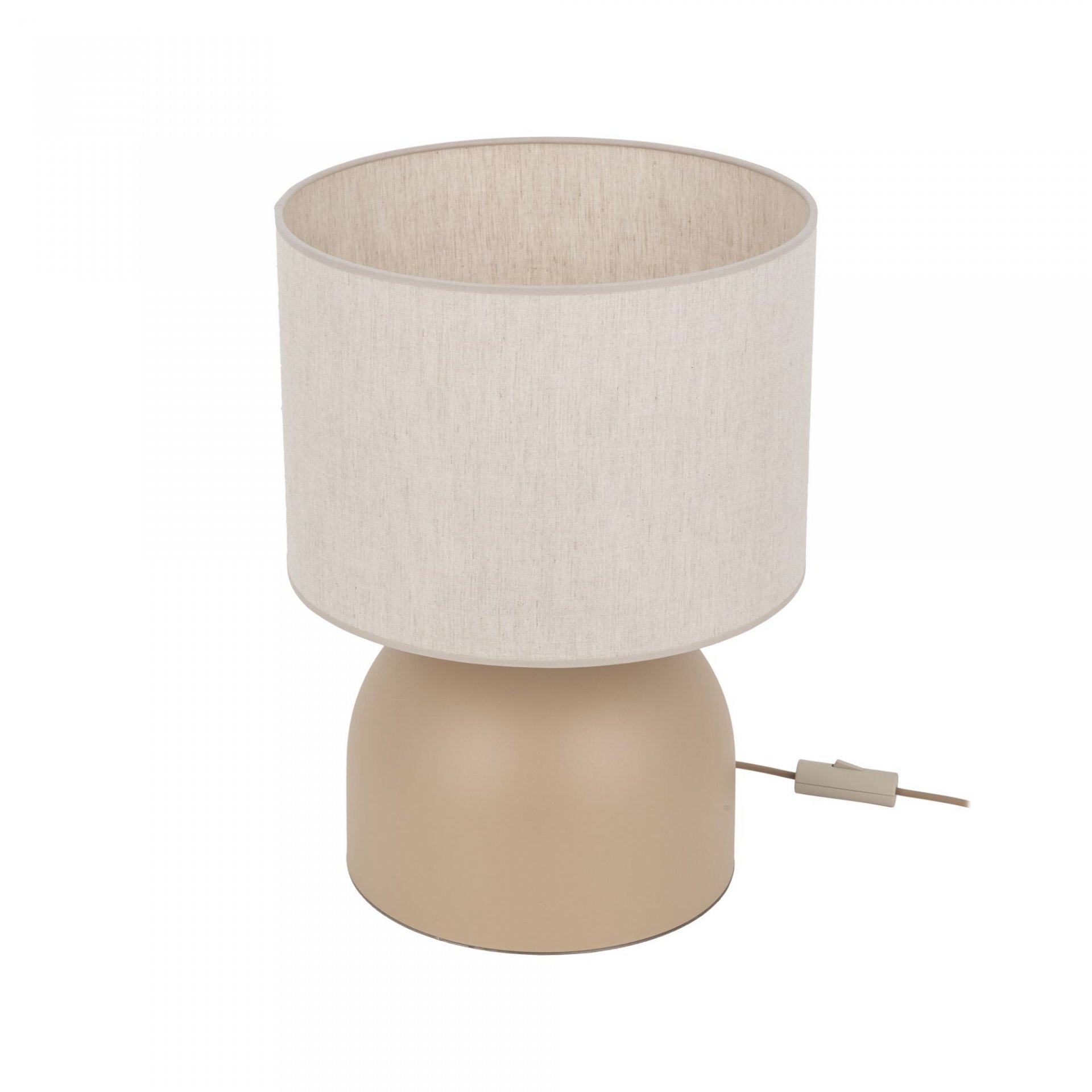 Lampa stołowa z beżowym, cylindrycznym abażurem i zaokrągloną podstawą w kolorze beżowym. Obok lampy widoczny jest przewód z włącznikiem.