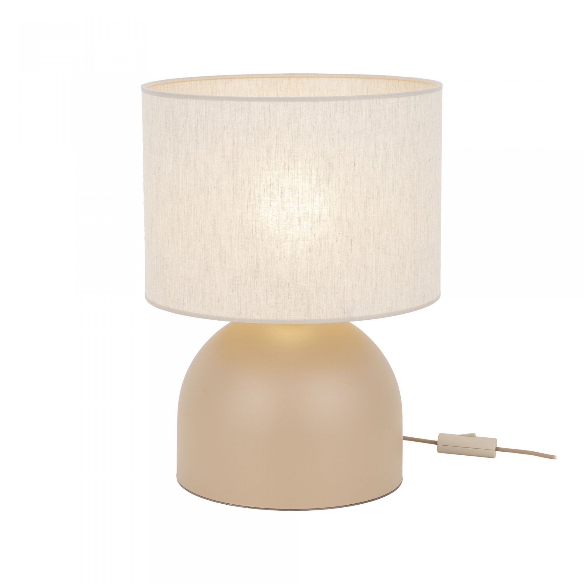 Lampa stołowa z beżowym, cylindrycznym abażurem i zaokrągloną podstawą w kolorze beżowym. Obok lampy widoczny jest przewód z włącznikiem.