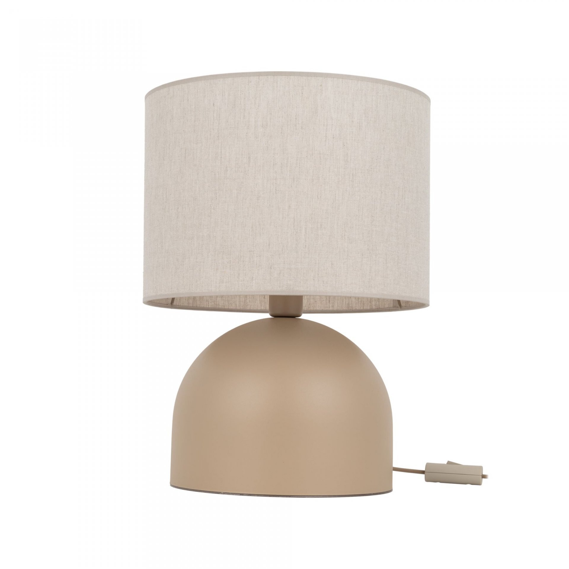 Lampa stołowa z beżowym, cylindrycznym abażurem i półkulistą podstawą w kolorze beżowym. Obok lampy widoczny jest przewód z wtyczką.