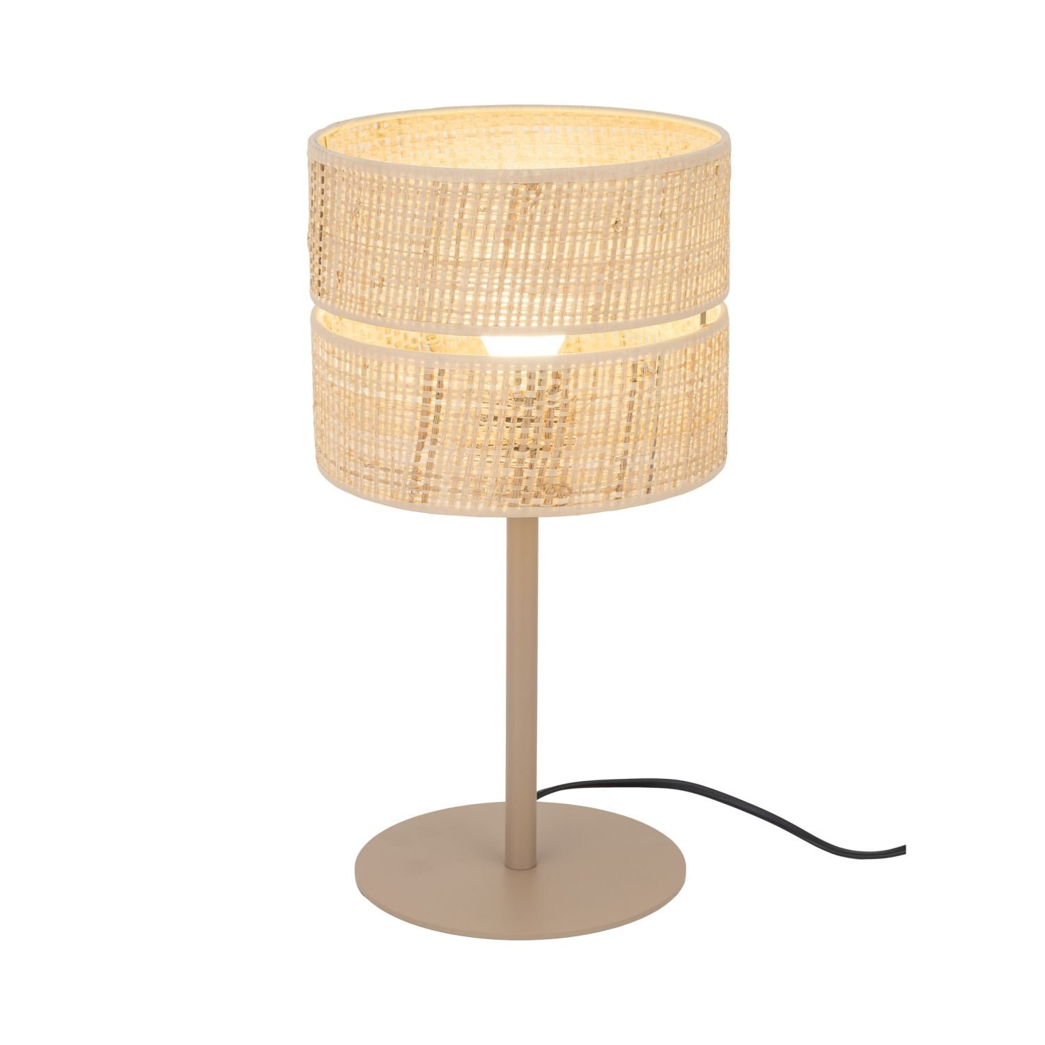 Lampa stołowa z beżowym, rafiowym abażurem o cylindrycznym kształcie, umieszczona na prostym, metalowym stojaku z okrągłą podstawą. Kabel zasilający jest widoczny obok podstawy lampy.
