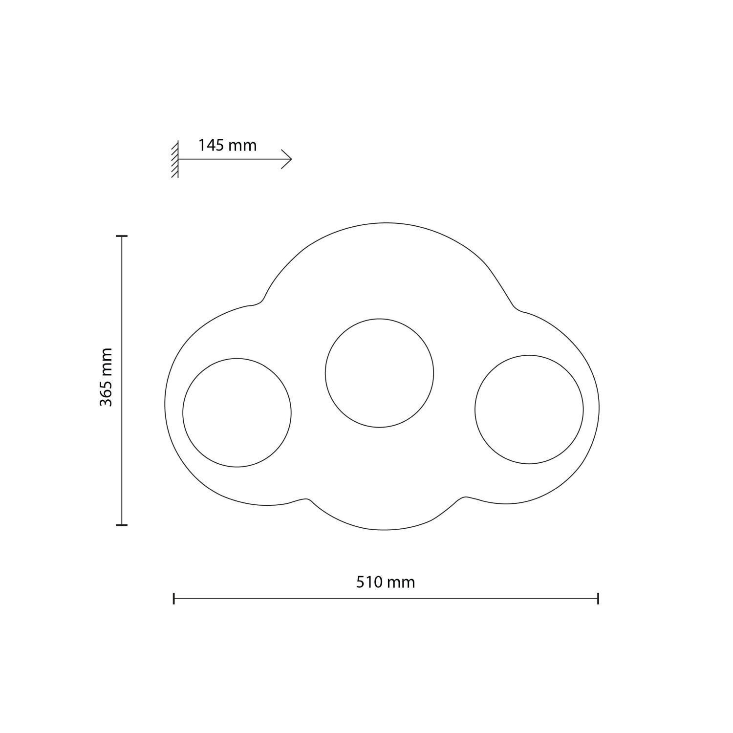 Schemat lampy w kształcie chmury z trzema okrągłymi otworami. Wymiary: 510 mm szerokości, 365 mm wysokości, 145 mm głębokości.