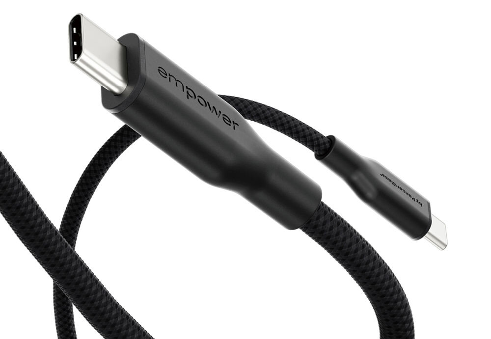 Kabel USB-C - USB-C PANZERGLASS Empower Racing 60W 1.2 m Czarny, kabel usb c lightning 60w panzerglass racing mfi szybkie ladowanie, Zbliżenie na końcówkę białego kabla w oplocie.