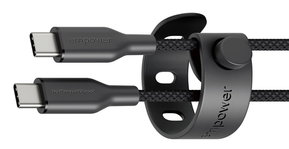 Kabel USB-C - USB-C PANZERGLASS Empower Racing 60W 1.2 m Czarny, kabel usb c lightning 60w iphone ipad szybkie ladowanie mfi, Białe wtyczki kabla spięte gumowym organizerem.