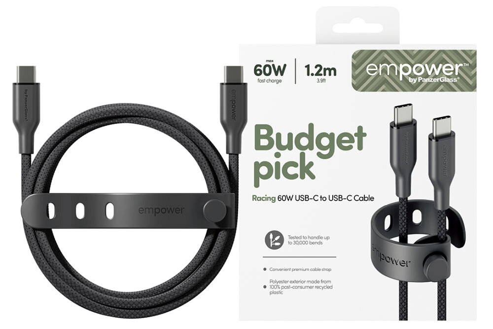 Kabel USB-C - USB-C PANZERGLASS Empower Racing 60W 1.2 m Czarny, kabel usb c lightning mfi 60w czarny srebrny iphone ipad, Widok na opakowanie i zwinięty przewód z opaską.