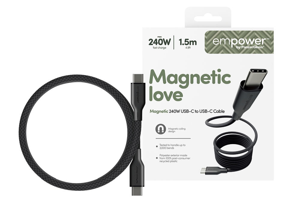 Na obrazie widoczny jest czarny kabel USB-C do USB-C o długości 1,5 m, z opakowaniem zawierającym napisy: \'Magnetic love\', \'Magnetic 240W USB-C to USB-C Cable\', \'240W fast charge\', \'1.5m 4.9ft\', oraz logo \'empower by PanzerGlass\'.