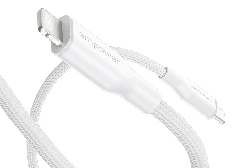 Kabel USB-C - Lightning PANZERGLASS Empower Racing 60W 1.2 m Srebrno-biały, kabel usb c lightning 60w panzerglass racing mfi szybkie ladowanie, Zbliżenie na końcówkę białego kabla w oplocie.