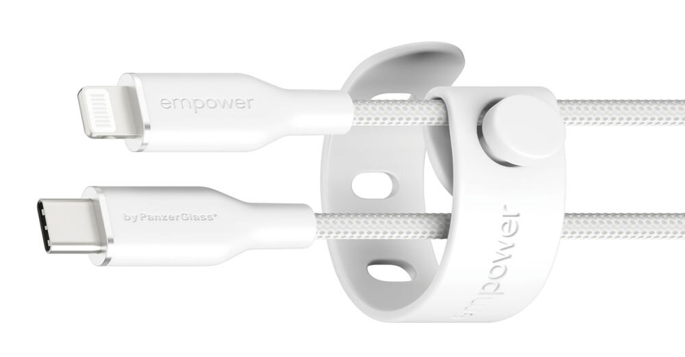 Kabel USB-C - Lightning PANZERGLASS Empower Racing 60W 1.2 m Srebrno-biały, kabel usb c lightning 60w iphone ipad szybkie ladowanie mfi, Białe wtyczki kabla spięte gumowym organizerem.