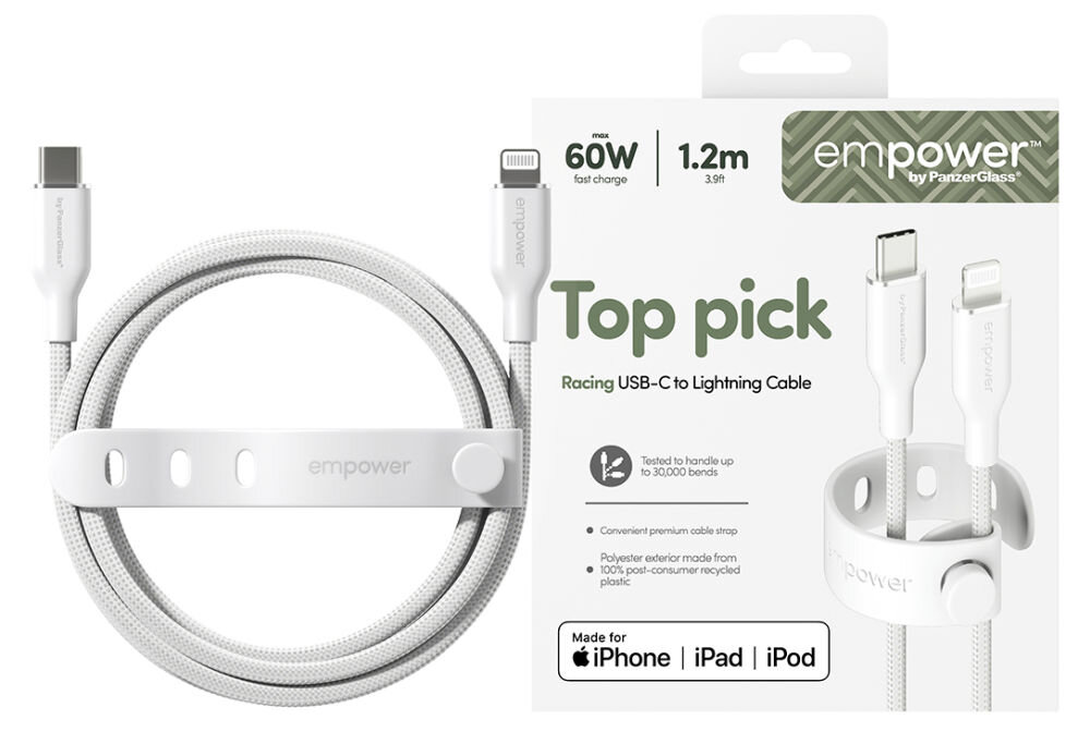 Kabel USB-C - Lightning PANZERGLASS Empower Racing 60W 1.2 m Srebrno-biały, kabel usb c lightning mfi 60w czarny srebrny iphone ipad, Widok na opakowanie i zwinięty przewód z opaską.
