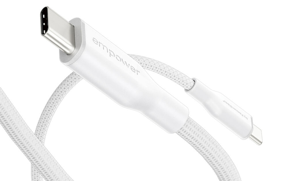 Kabel USB-C - Lightning PANZERGLASS Empower Racing 60W 2 m Srebrno-biały, kabel usb c lightning 60w panzerglass racing mfi szybkie ladowanie, Zbliżenie na końcówkę białego kabla w oplocie.