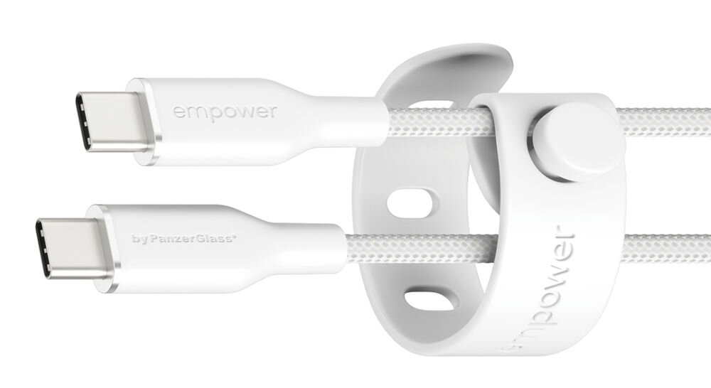 Kabel USB-C - Lightning PANZERGLASS Empower Racing 60W 2 m Srebrno-biały, kabel usb c lightning 60w iphone ipad szybkie ladowanie mfi, Białe wtyczki kabla spięte gumowym organizerem.