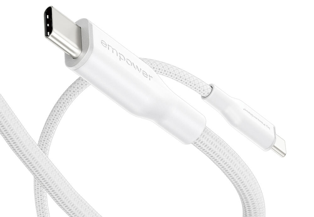 Kabel USB-C - USB-C PANZERGLASS Empower Racing 60W 1.2 m Srebrno-biały, kabel usb c lightning 60w panzerglass racing mfi szybkie ladowanie, Zbliżenie na końcówkę białego kabla w oplocie.
