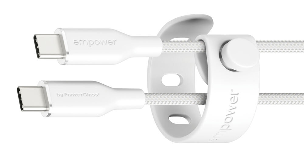 Kabel USB-C - USB-C PANZERGLASS Empower Racing 60W 1.2 m Srebrno-biały, kabel usb c lightning 60w iphone ipad szybkie ladowanie mfi, Białe wtyczki kabla spięte gumowym organizerem.