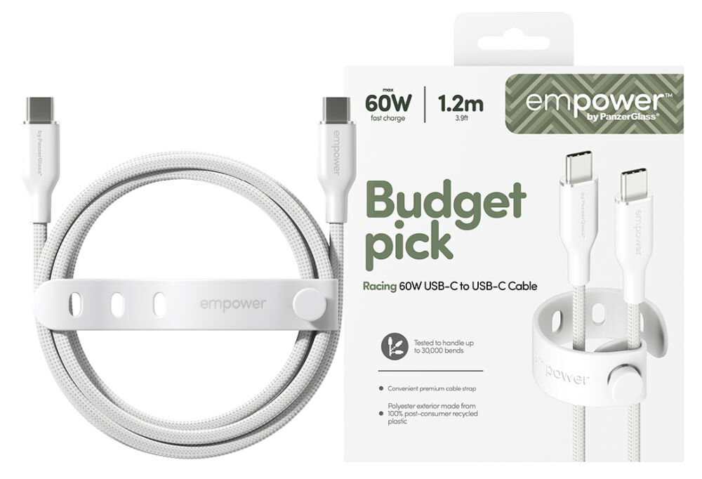Kabel USB-C - USB-C PANZERGLASS Empower Racing 60W 1.2 m Srebrno-biały, kabel usb c lightning mfi 60w czarny srebrny iphone ipad, Widok na opakowanie i zwinięty przewód z opaską.