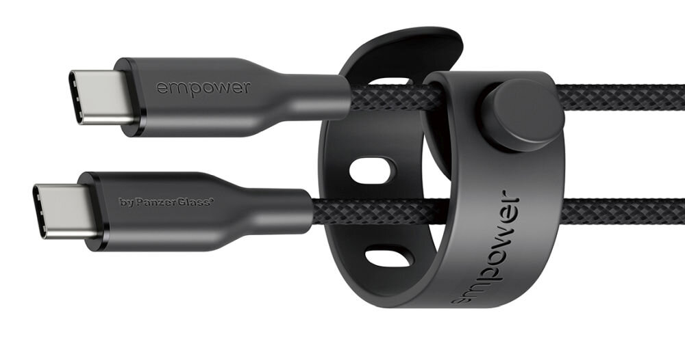 Kabel USB-C - Lightning PANZERGLASS Empower Racing 60W 2 m Srebrno-biały, kabel usb c lightning 60w iphone ipad szybkie ladowanie mfi, Białe wtyczki kabla spięte gumowym organizerem.