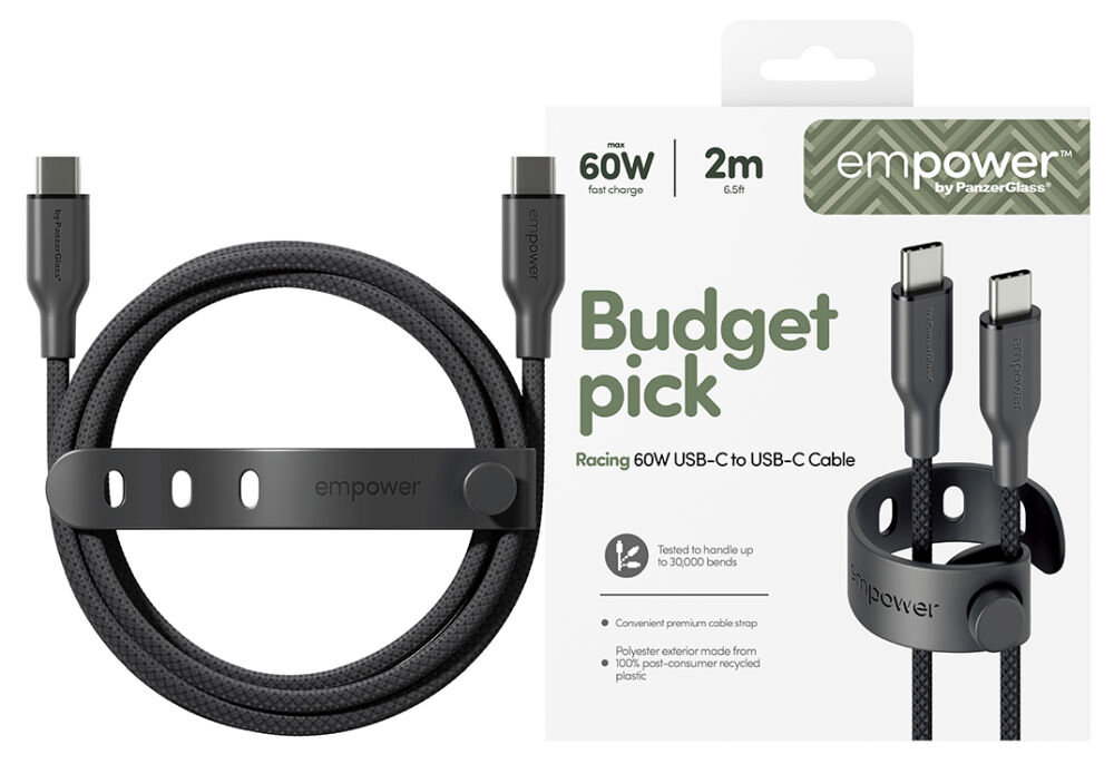Kabel USB-C - Lightning PANZERGLASS Empower Racing 60W 2 m Srebrno-biały, kabel usb c lightning mfi 60w czarny srebrny iphone ipad, Widok na opakowanie i zwinięty przewód z opaską.