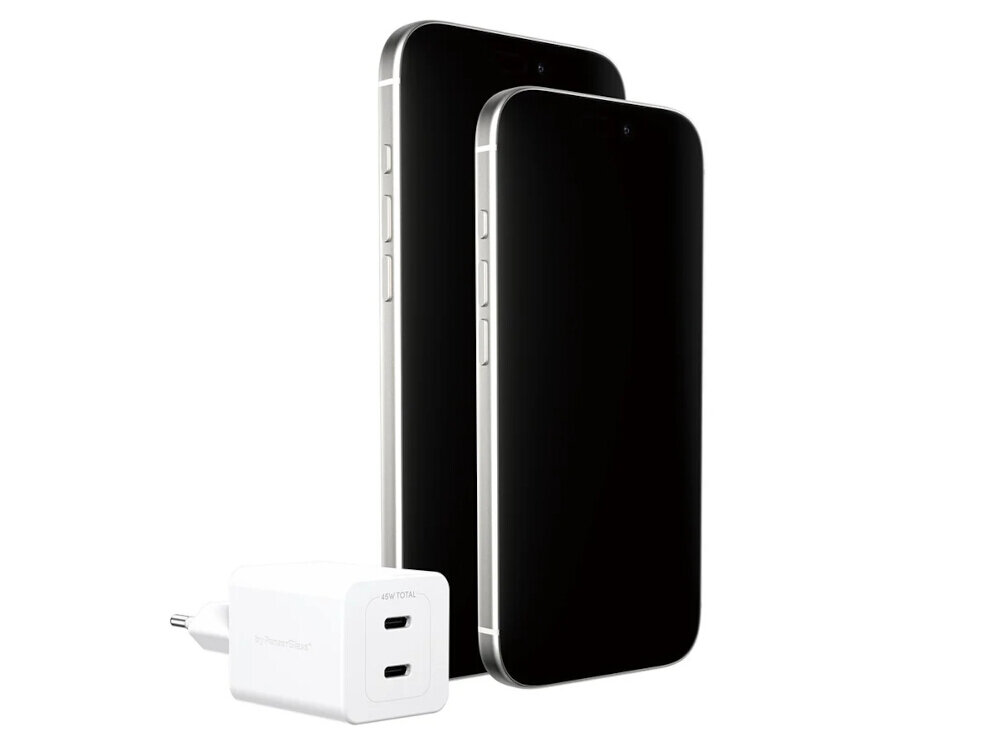 Na obrazie widoczna jest biała ładowarka sieciowa z dwoma portami USB-C oraz dwa czarne smartfony. Na ładowarce znajduje się napis \'45W PD\'.