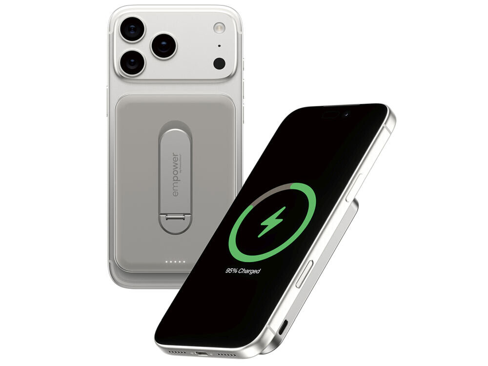 Powerbank PANZERGLASS Empower Spin Stand 5000 mAh 20W Tytanowy, powerbank 5000mah spin stand panzerglass tytanowy usb c pd 20w, Smartfon z przypiętym bezprzewodowym powerbankiem.