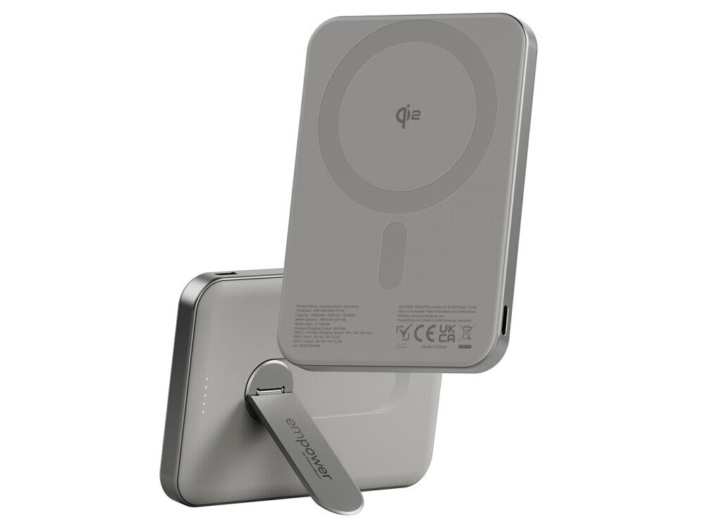 Powerbank PANZERGLASS Empower Spin Stand 5000 mAh 20W Tytanowy, powerbank 5000mah usb c pd szybkie ladowanie telefon tablet, Magnetyczny powerbank z rozłożoną podstawką.