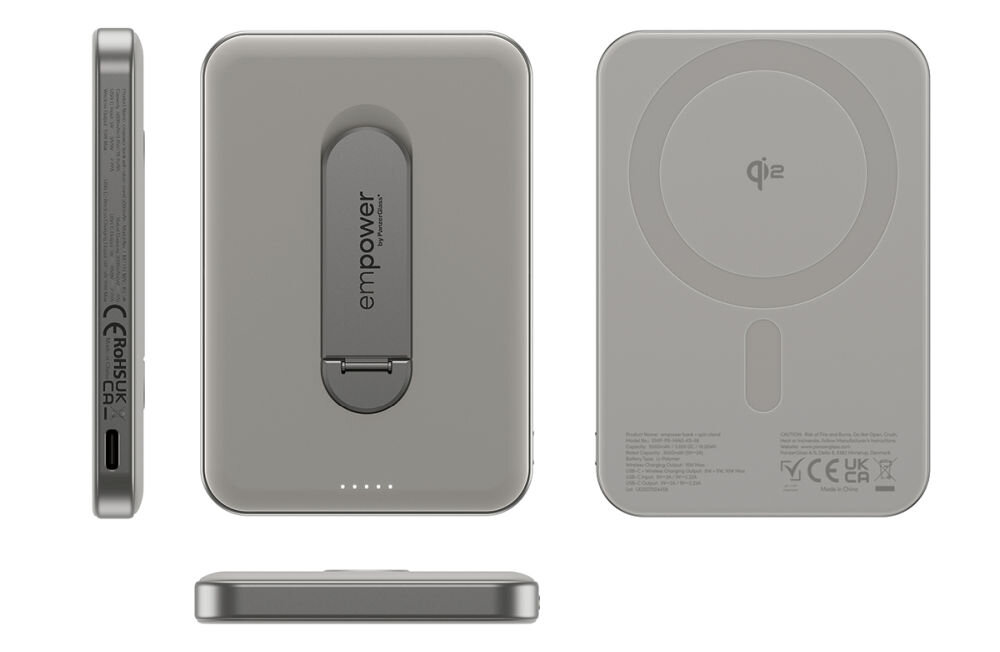 Powerbank PANZERGLASS Empower Spin Stand 5000 mAh 20W Tytanowy, powerbank podstawka spin stand tytanowy usb c telefon podparcie, Powerbank pokazany z przodu, z tyłu oraz z boku.