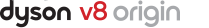 Logo z napisem \'dyson v8 origin\' w kolorach czarnym i czerwonym.