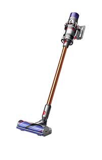 Bezprzewodowy odkurzacz pionowy z pomarańczową rurą i fioletową głowicą. Na głowicy widoczne są elementy w kolorze niebieskim i szarym.