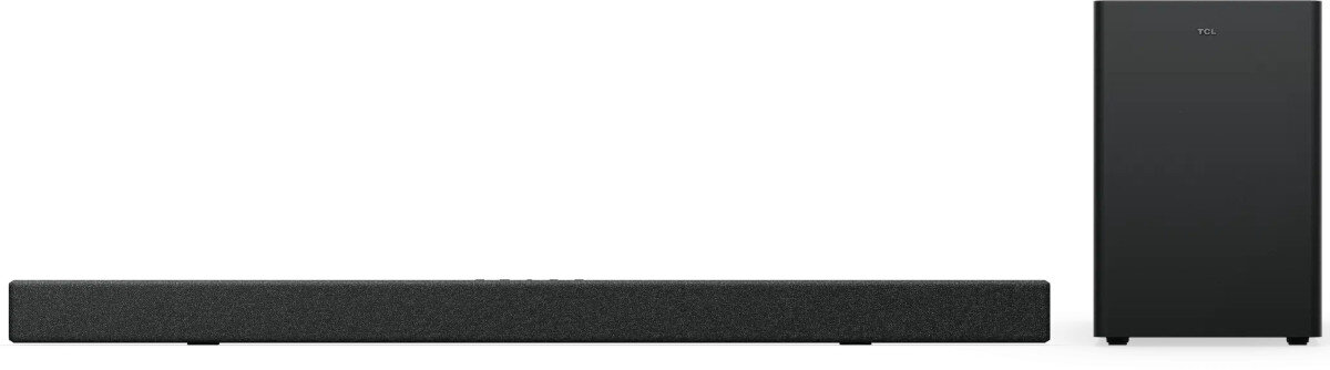 Na obrazie widoczny jest czarny soundbar oraz subwoofer. Na subwooferze znajduje się logo \'TCL\'.