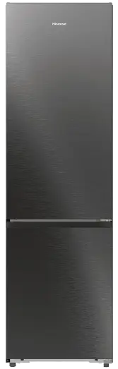 Czarna lodówka z dwoma drzwiami, na górze widoczne logo \'Hisense\'.