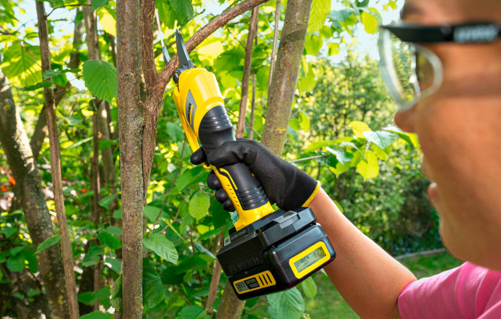 Osoba w rękawiczkach używa żółtego akumulatorowego sekatora do przycinania gałęzi drzewa w ogrodzie. Sekator ma widoczne logo producenta i jest wyposażony w czarną baterię.